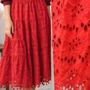 Soft Surroundings Cotton Eyelet Lace Flowy A-line Maxi Skirt PomPom Trim Size XS
